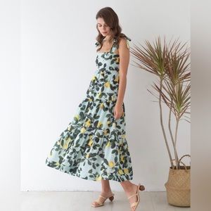 Lemon print lined tie top maxi dress